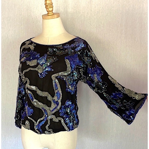 Vintage Chanson D’Amour 100% silk floral embroidered sequin top 3/4 sleeve - Picture 1 of 9